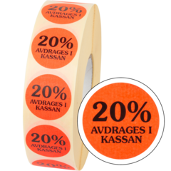 15856 Etikett 20% avdrages i kassan 29mm flour röd