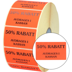 516008 Etikett 50% rabatt avdrages i kassan 50x30mm flour röd