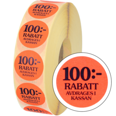15782 Etiketter 100:- rabatt avdrages i kassan 29mm