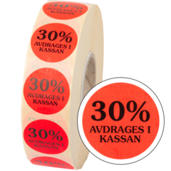 15857 Etikett 30% avdrages i kassan 29mm flour röd