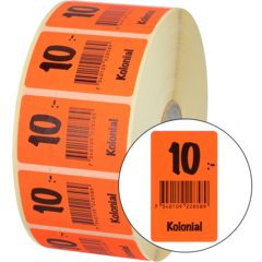 915444 Etikett Kolonial 10:- 30x50mm flour röd