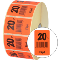 915441 Etikett Fågel 20:- 30x50mm flour röd