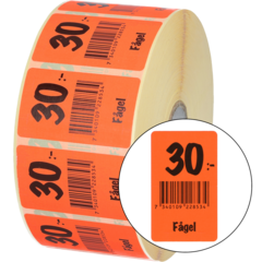 915439 Etikett Fågel 30:- 30x50mm flour röd