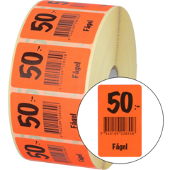 915437 Etikett Fågel 50:- 30x50mm flour röd