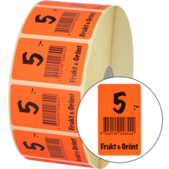 915434 Etikett Frukt & Grönt 5:- 30x50mm flour röd