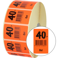 915461 Etikett Ost 40:- 30x50mm flour röd