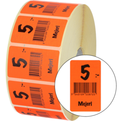 915459 Etikett Mejeri 5:- 30x50mm flour röd