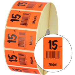 915457 Etikett Mejeri 15:- 30x50mm flour röd