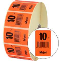 915458 Etikett Mejeri 10:- 30x50mm flour röd