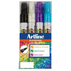 EPG44W3 Glassboard Marker Artline 2mm svart, vit, blå, lila 4-pack