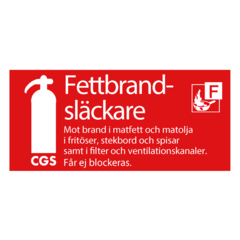 607053 Brandskylt Fettbrandsläckare CGS röd/vit vinyl 10x20cm