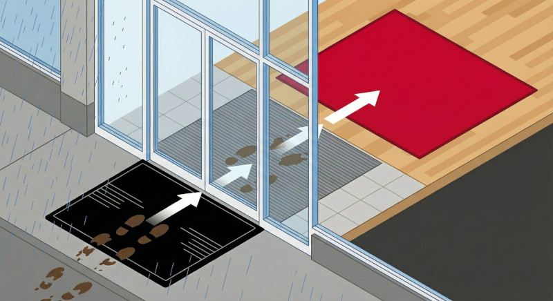 Illustration av entrémattor i tre zoner: Skrapmatta, Kombimatta och Torkmatta