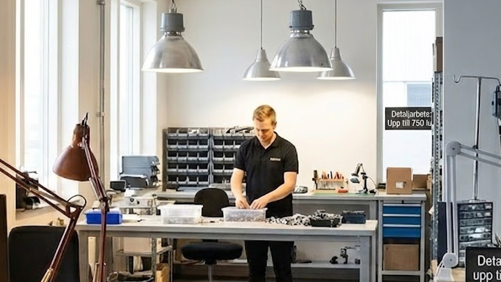 man standing at workbench with good lighting above