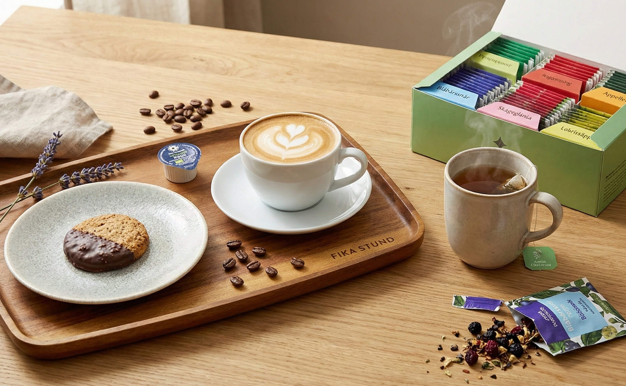 Cappuccino på bricka tillsammans med chokladdoppad kaka, tepåse i varm mugg och en öppnad ask med sorterade tepåsar på ett träbord.