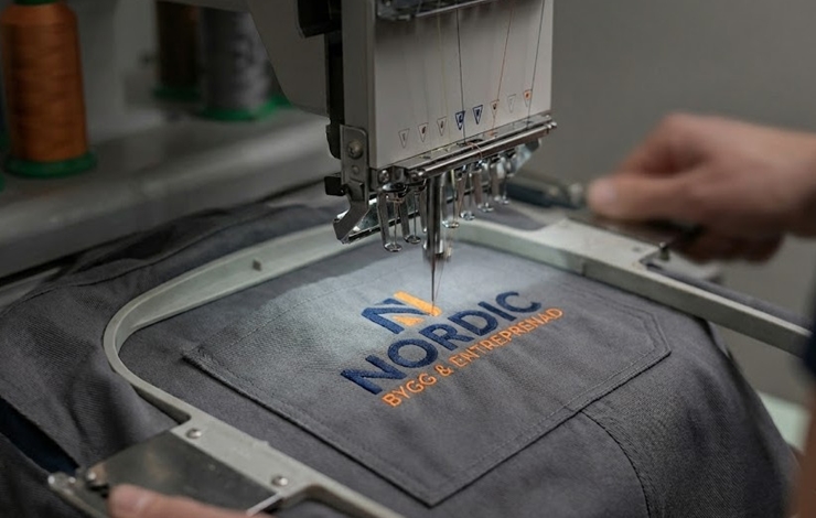 Profilering av arbetskläder; brodyr av företagslogotyp på jacka.