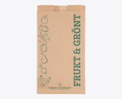 En brun papperspåse med texten "frukt & grönt" på