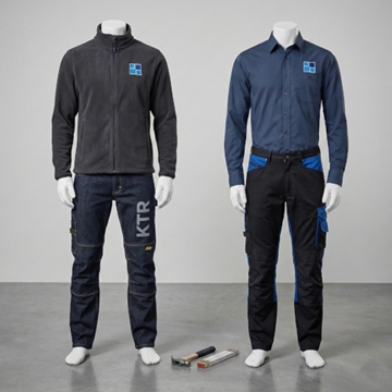 Profilerade hantverkskläder som tål tuffa tag. Till vänster en docka i grå fleecejacka och jeans-arbetsbyxor med stort ben-tryck. Till höger en docka i blå arbetsskjorta och svarta hantverksbyxor med blå detaljer. Perfekt för bygg- och anläggningsföretag som vill synas.