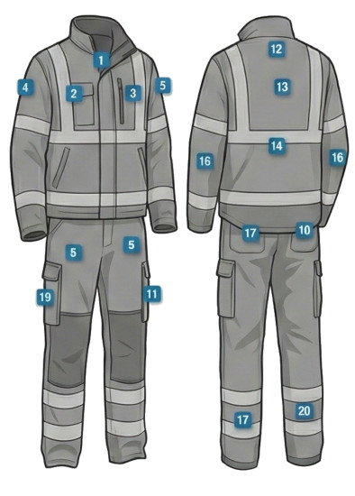 Karta över tryckplaceringar på varselkläder och arbetskläder