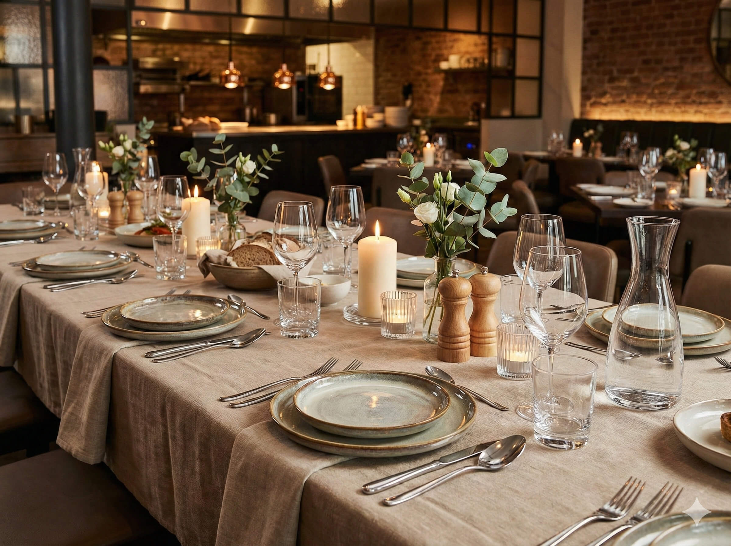 Elegant dukat långbord i restaurangmiljö med beige linneduk, rustikt keramikporslin, vinglas, bestick och tända ljus, som visar ett komplett sortiment för professionell bordsdukning.