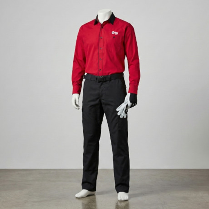 En professionell presentation av butikskläder för personal. Bilden visar en vit provdocka klädd i en röd skjorta med företagslogotyp på bröstet, matchad med slitstarka svarta servicebyxor och bälte. En stilren uniformslösning som stärker varumärket i butiksmiljö.