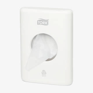 Vit sanitetspåshållare från Katrin med vita sanitetspåsar från Katrin. 