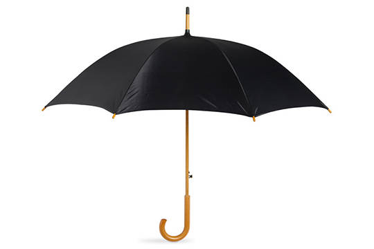 Svart paraply med trähandtag och profiltryck