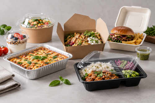 Olika matförpackningar för take away och servering