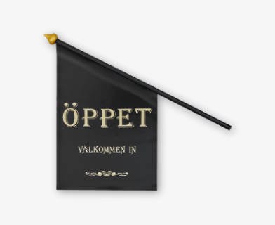 Svart butiksflagga med texten öppen