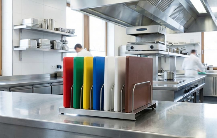 Färgkodade skärbrädor i ett restaurangkök