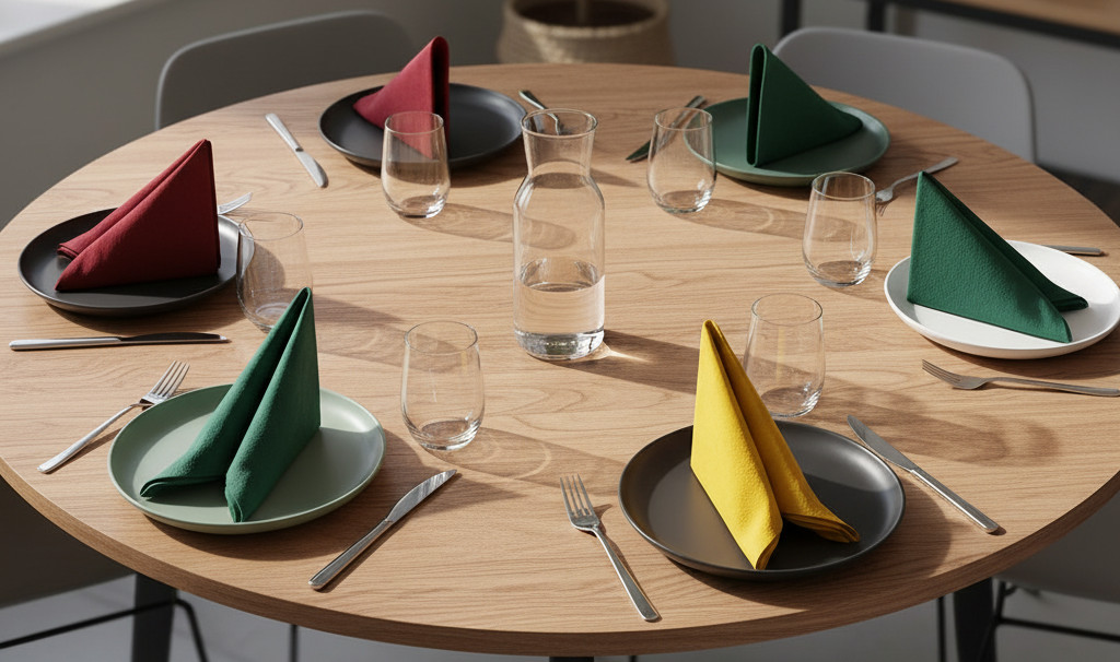 Rundbord dukat med servetter i rött, gult och grönt på svarta och gröna tallrikar