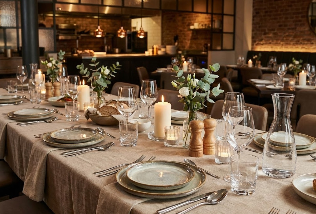 Elegant dukat långbord i restaurangmiljö med beige linneduk, rustikt keramikporslin, vinglas, bestick och tända ljus, som visar ett komplett sortiment för professionell bordsdukning.