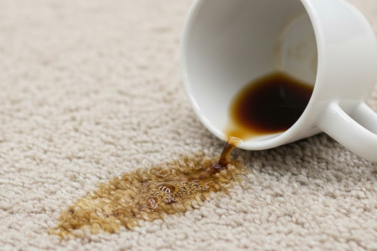 Utspilld kaffekopp på en ljus kontorsmatta