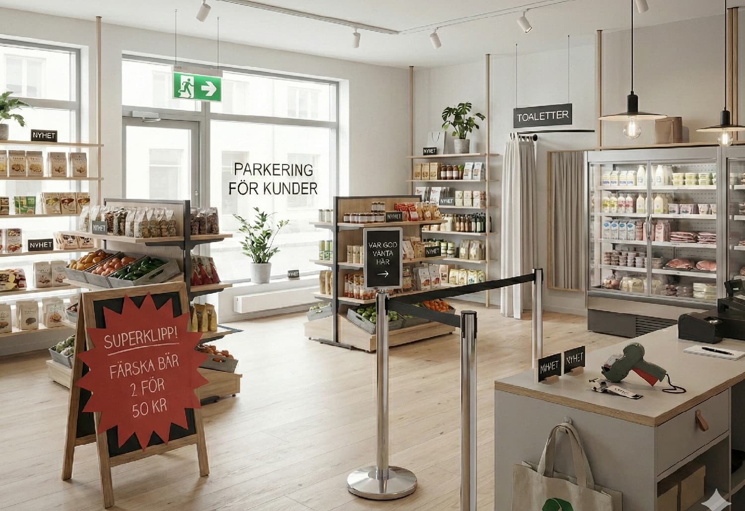 Skyltmaterial, prismärkning och kösystem