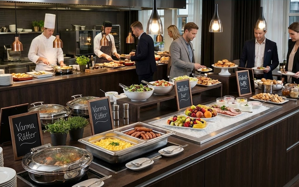 En modern och välkomnande bufféstation i en professionell miljö (t.ex. hotellfrukost eller lunchrestaurang). Serveringen visar ett brett utbud av Tingstads produkter. Jag kan inte se bilden du syftar på, eftersom den inte laddades upp i ditt senaste meddelande. Vänligen ladda upp bilden igen så kan jag skapa en passande alt-text och bildbeskrivning för din kategorisida om buffé- och serveringsprodukter. Tills dess kan jag ge dig ett generellt förslag baserat på din beskrivning: Alt-text (Kort & Funktionell) Professionell bufféservering med varma och kalla rätter i kantiner, kylda hällar och skyltningsprodukter för restaurang och hotell.