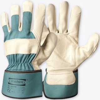Ett par arbetshandskar i oxnarv från Granberg med vit och blå handflata.