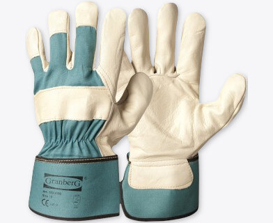Ett par arbetshandskar i oxnarv från Granberg med vit och blå handflata.