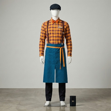 Skapa en unik stil med profilerade serveringskläder. Här visas en docka i en varmgul rutig skjorta med fluga, hängslen och ett blått midjeförkläde med brösttryck. En perfekt "look" för caféer, bistros och restauranger som vill förmedla en personlig och avslappnad känsla.