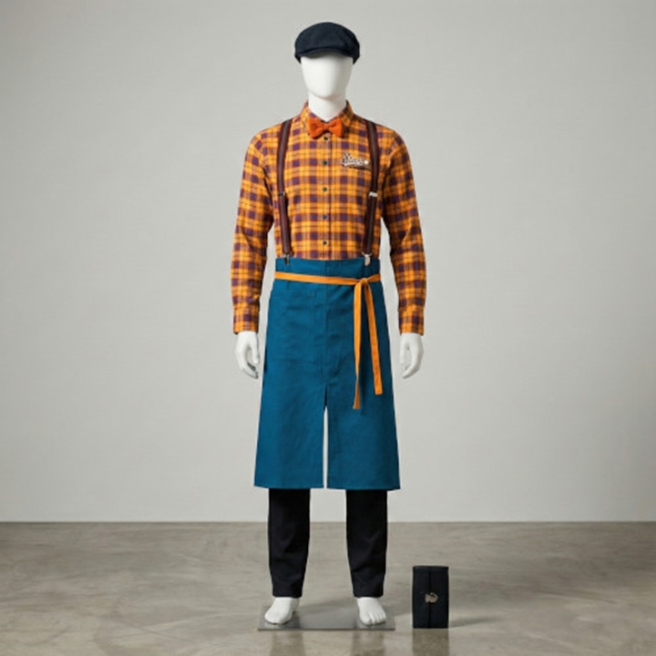 Skapa en unik stil med profilerade serveringskläder. Här visas en docka i en varmgul rutig skjorta med fluga, hängslen och ett blått midjeförkläde med brösttryck. En perfekt "look" för caféer, bistros och restauranger som vill förmedla en personlig och avslappnad känsla.