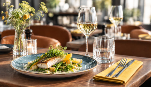 Fiskrätt med blå tallrik och gul servett 
