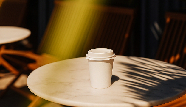 Vit pappersmugg placerad på uteservering 