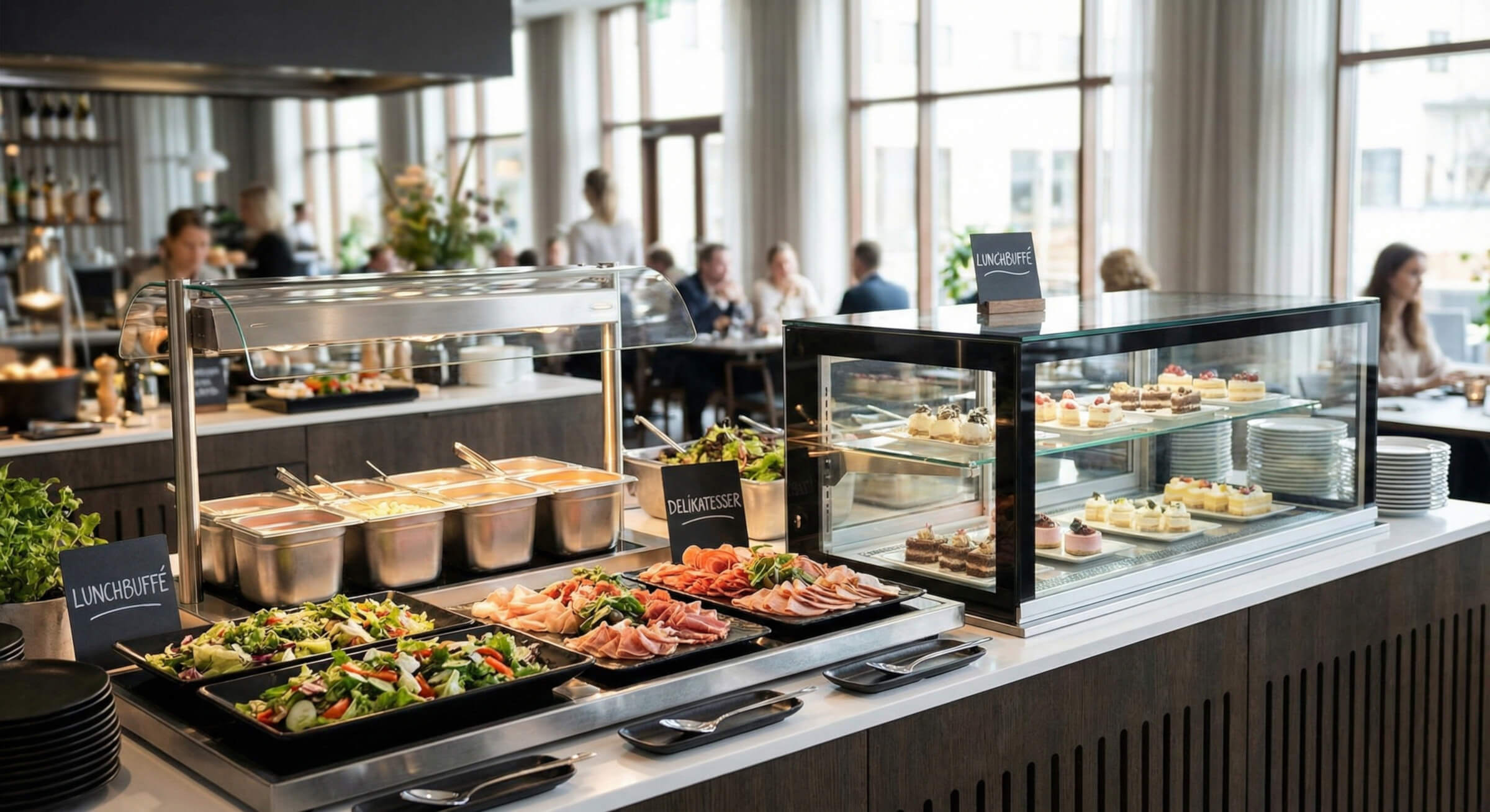 Välfylld lunchbuffé med sallader, kallskuret, varma rätter och en kyld dessertmonter i en modern restaurangmiljö.