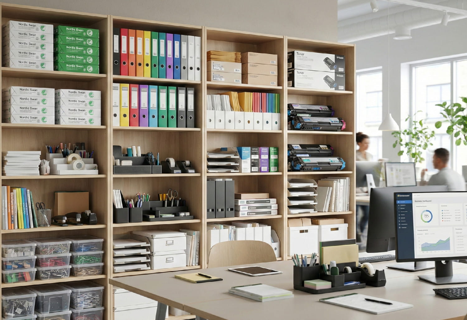 Välorganiserad hyllvägg fylld med kontorsmaterial som pärmar, kopieringspapper och toner i ett ljust och modernt kontorslandskap.